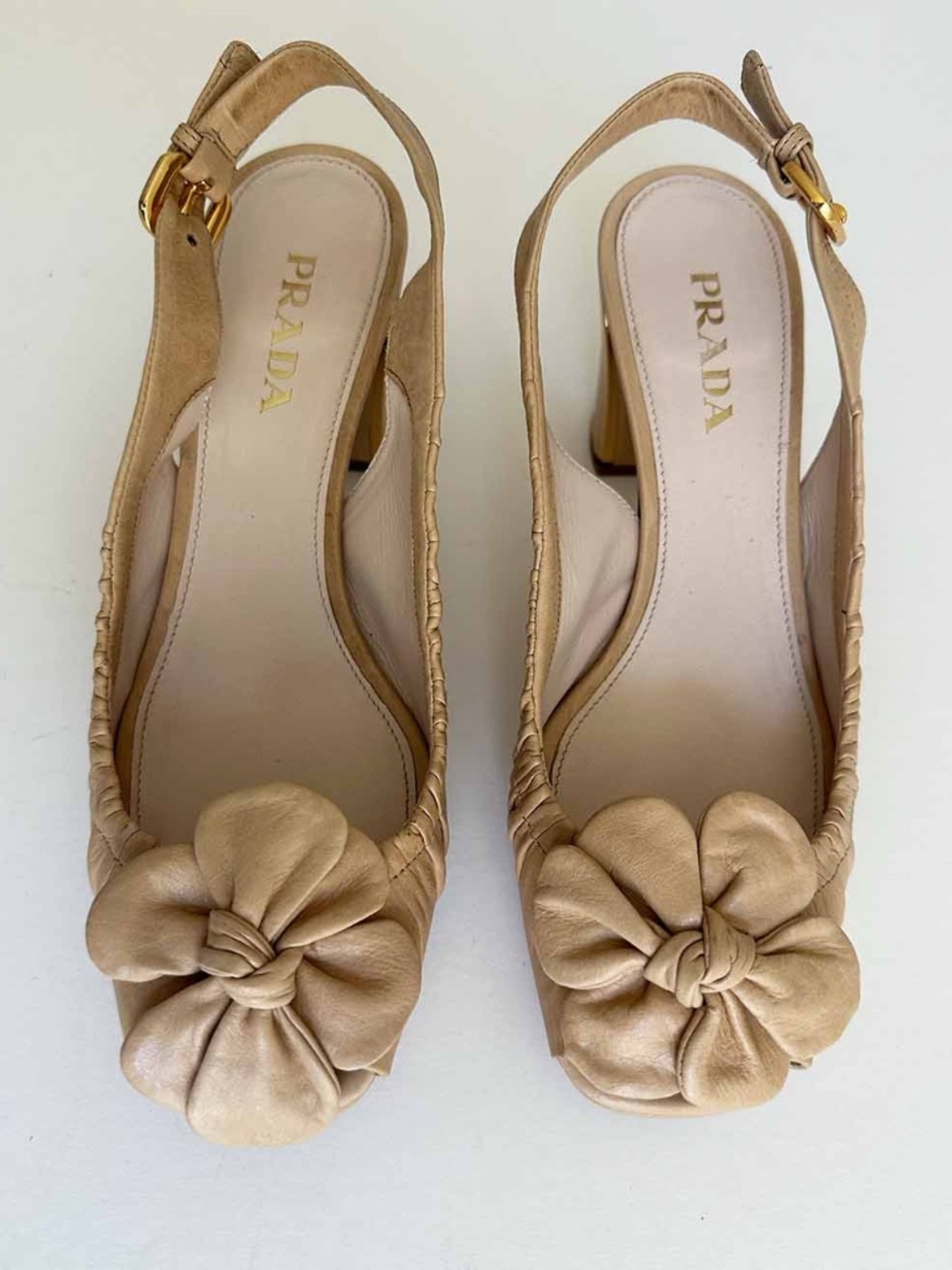 Prada Milano Nude Leather Flower Slingback Block Heel Pumps Sz 38 Italy RARE - Picture 2 of 10